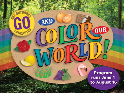 Get Outdoors York program logo with rainbow and colored objects.
